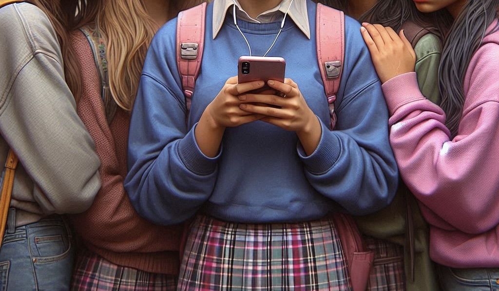 Groep meiden met een telefoon in hand