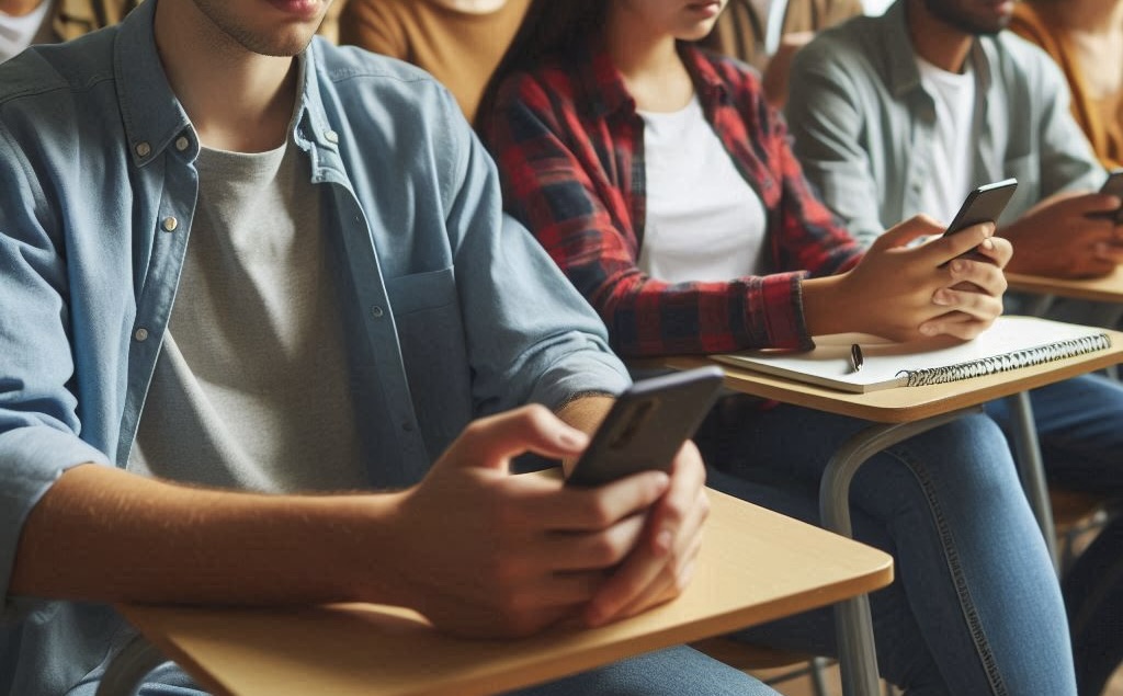 Kinderen aan schooltafels met een telefoon in hun hand