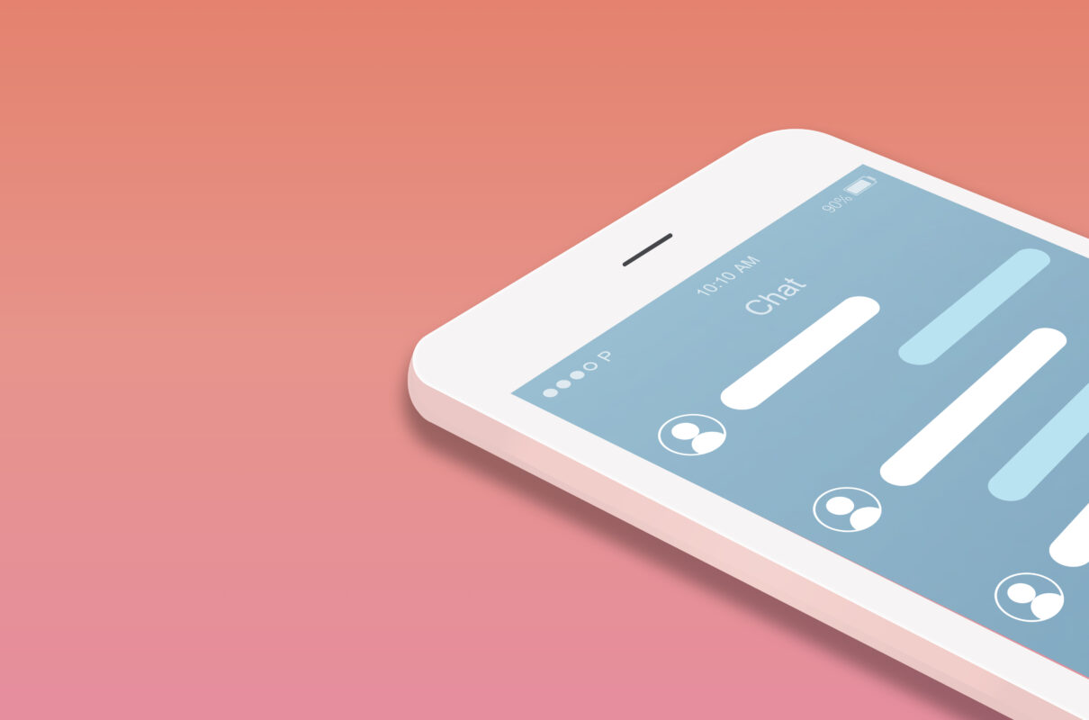 Illustratie van een smartphone met een chatscherm tegen een roze achtergrond, symbool voor privé en anonieme digitale communicatie.