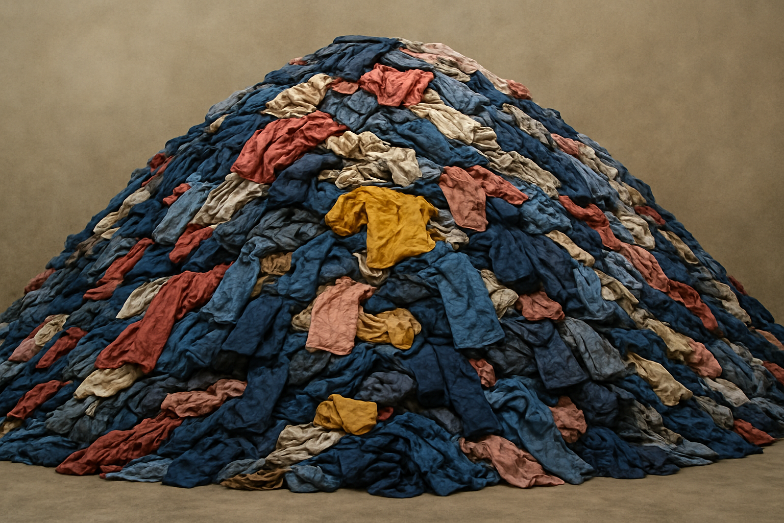 Grote berg kleurrijke kledingstukken opgestapeld tegen een neutrale muur als visueel symbool voor de nadelen van fast fashion.