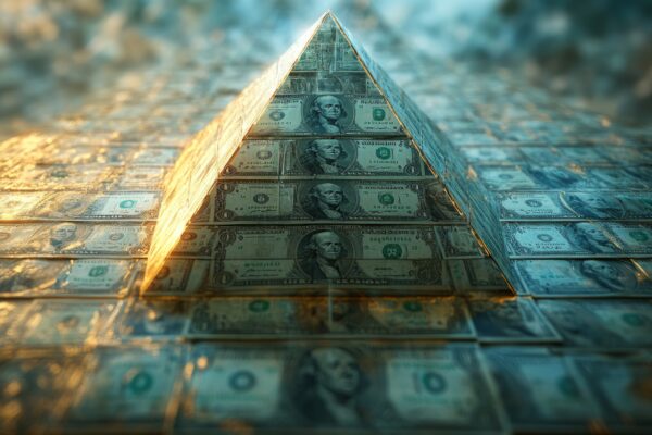 Piramide van dollarbiljetten als symbool voor een piramidespel waarbij jongeren geld verliezen