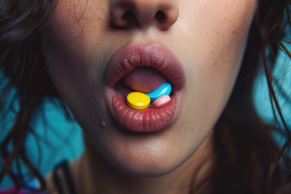 Jonge vrouw met kleurrijke pillen in mond, symbool voor MDMA-gebruik onder tieners