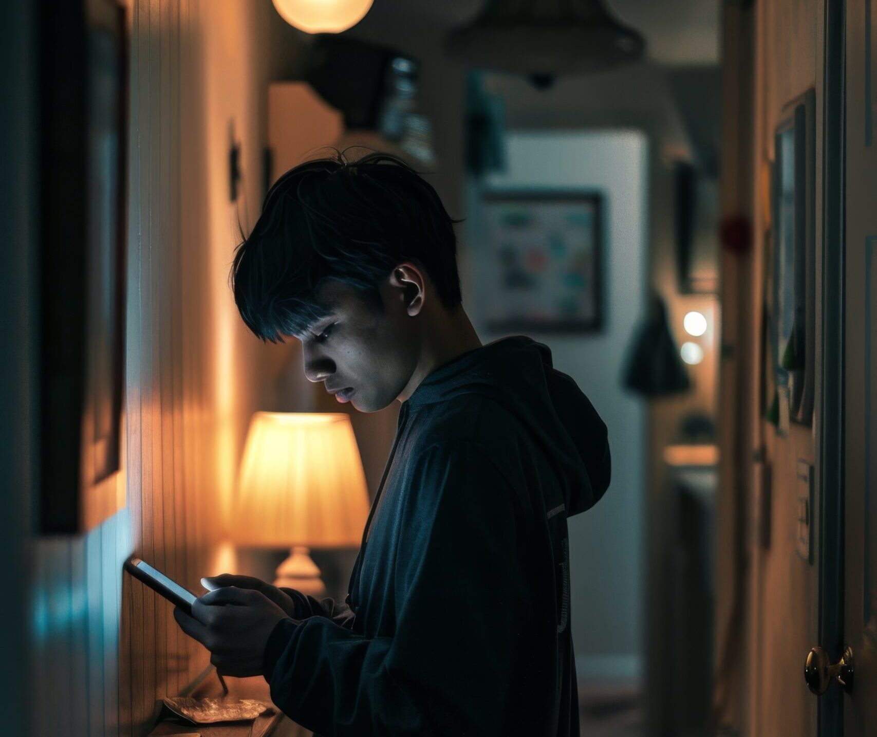 Jonge tiener kijkt gespannen naar zijn telefoon in een donkere kamer, symbool voor de impact van sextortion