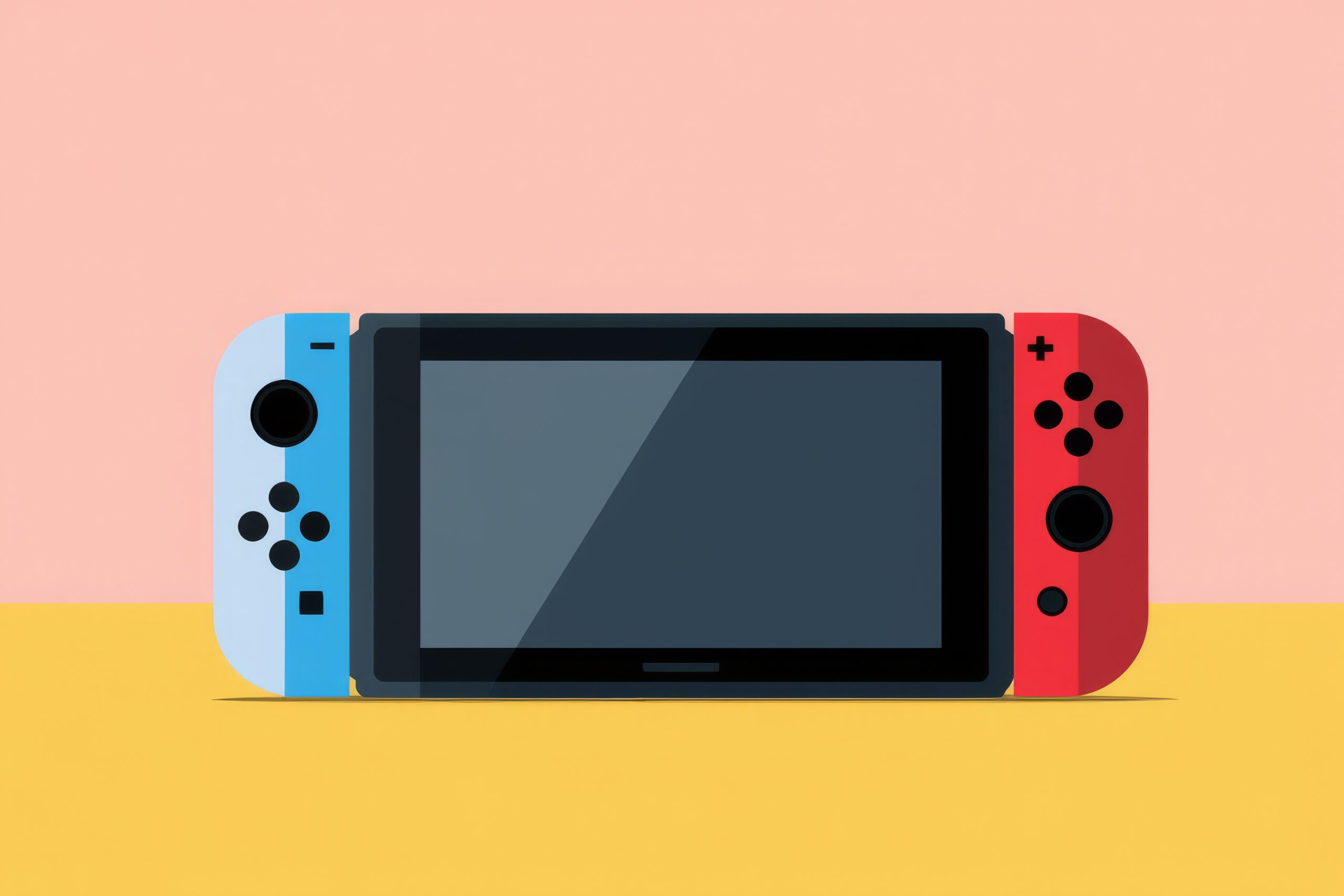 Nintendo Switch spelcomputer met rode en blauwe controllers tegen een kleurrijke achtergrond.