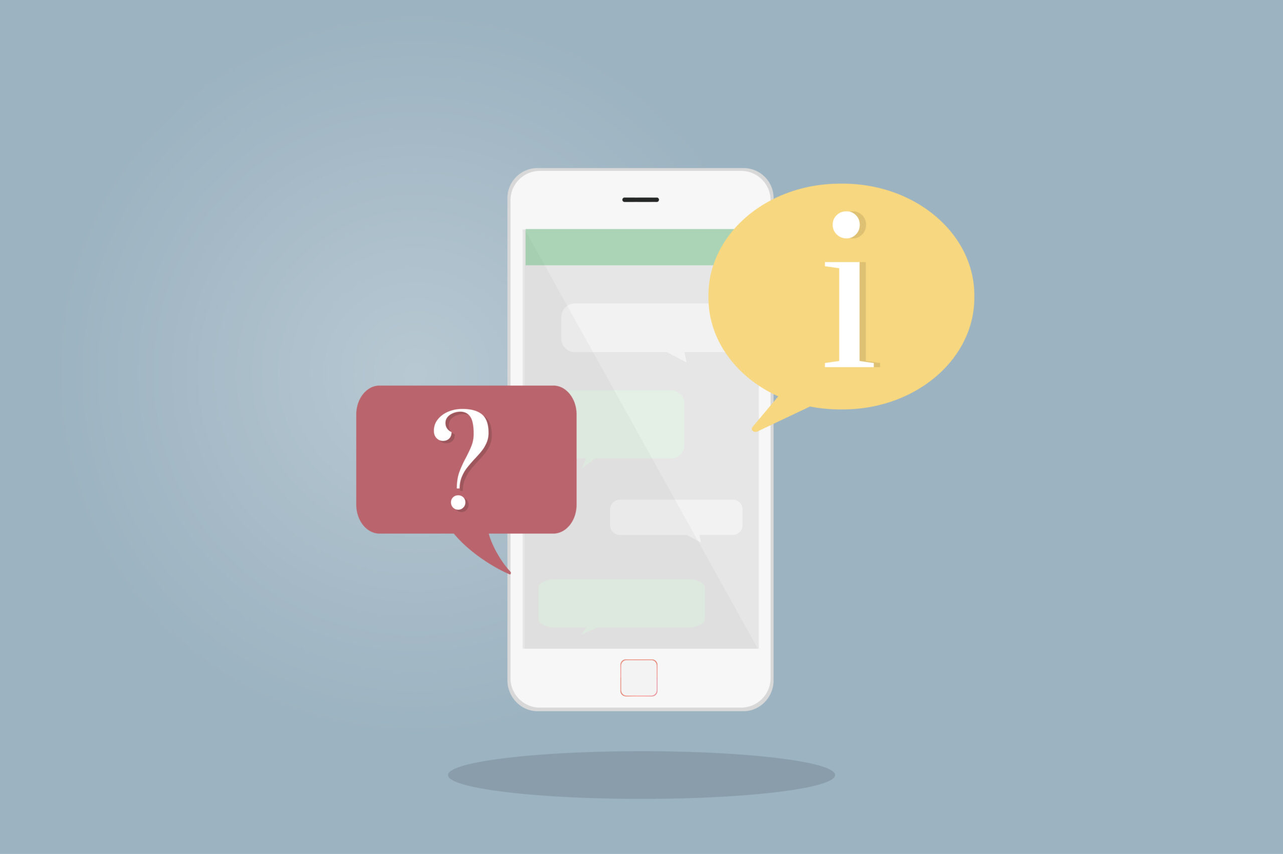 Smartphone met chatberichten en een vraagteken-icoon dat anonimiteit op sociale media symboliseert.