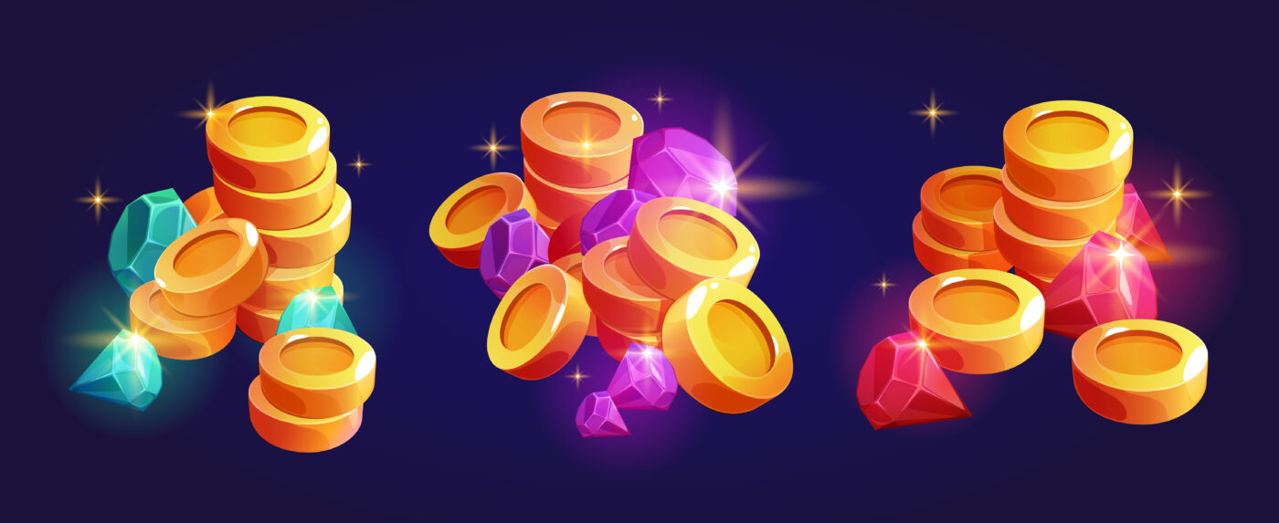 Afbeelding van stapels gouden munten en glanzende edelstenen die virtueel geld in games symboliseren.