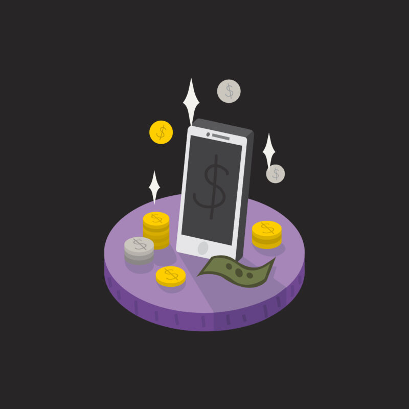 Illustratie van een smartphone met dollarteken, munten en biljetten die digitale betalingen symboliseren.