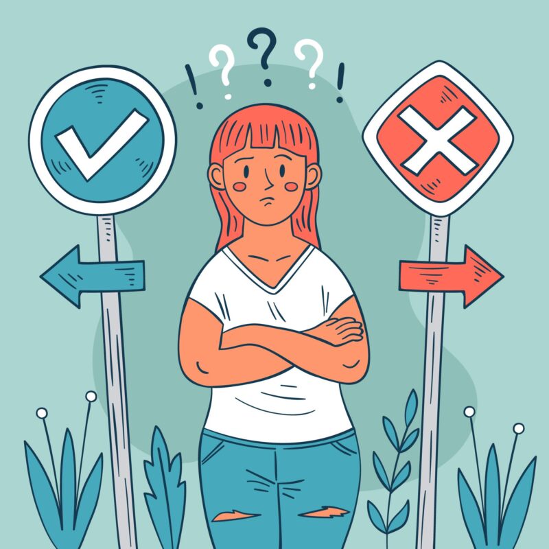 Illustratie van een twijfelende jongere tussen een vinkje en een kruis, die symbool staan voor een juiste en foute keuze.