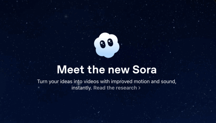 Intro-afbeelding van Sora met het logo en de tekst “Meet the new Sora” op een sterrenachtergrond.