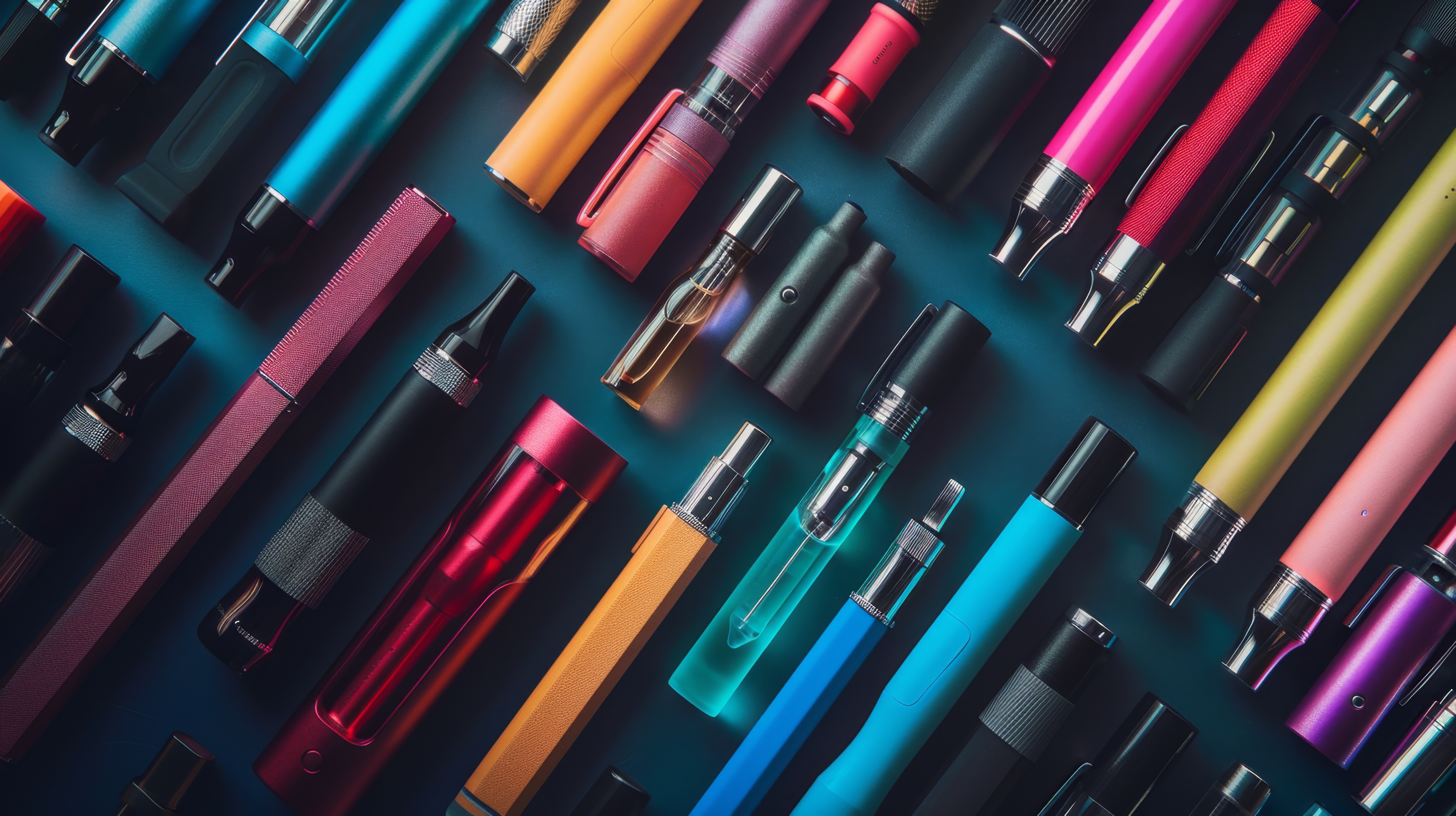 Een verzameling kleurrijke vapes en vape-pennen die in nette rijen naast elkaar liggen op een donkere achtergrond.