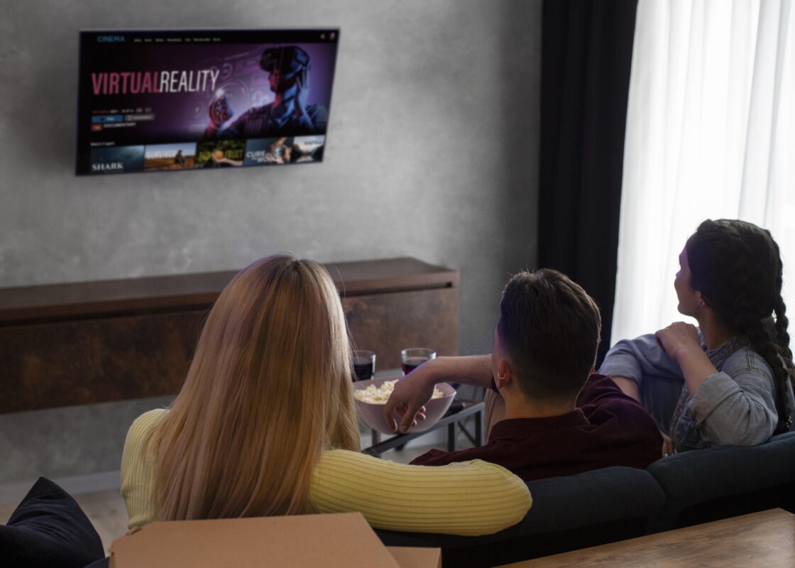 Drie jongeren zitten samen op de bank en kijken naar een streamingdienst op televisie.