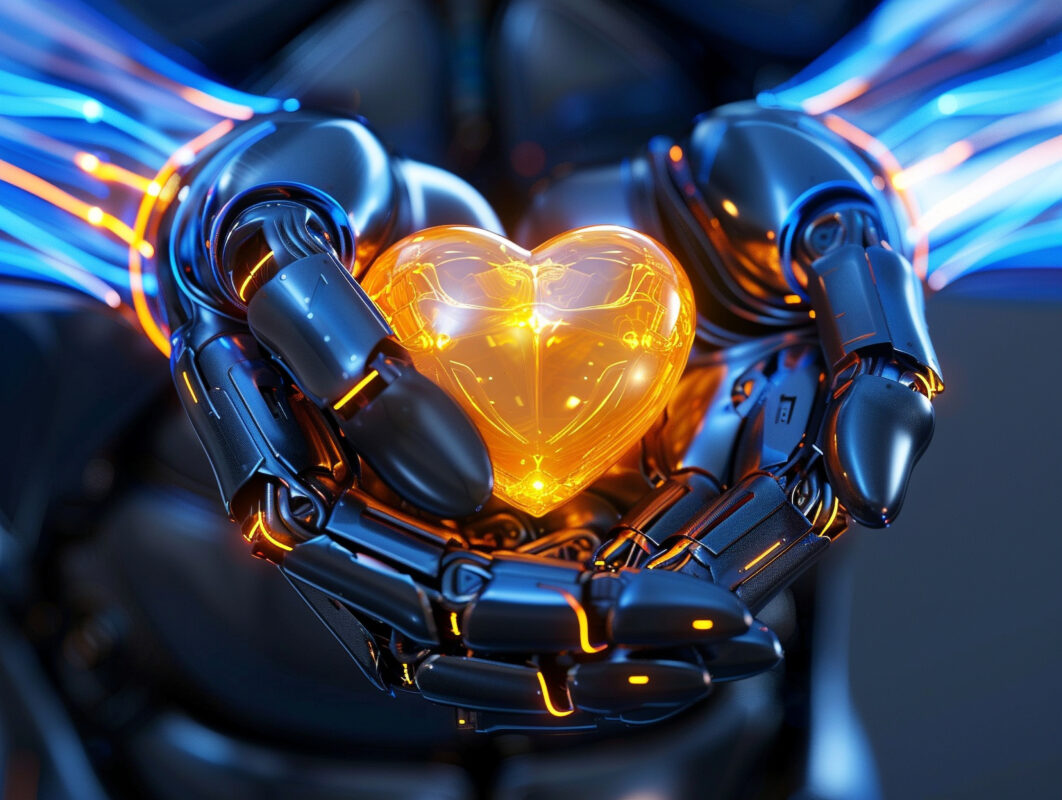 Robotachtige handen houden een lichtgevend hart vast als symbool voor emotionele verbinding tussen mens en kunstmatige intelligentie.