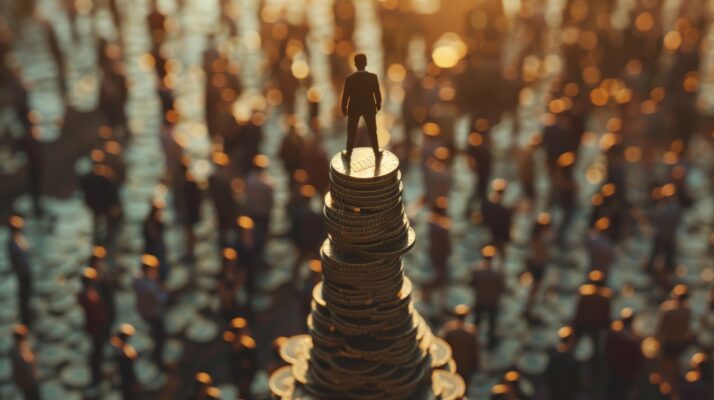 Man staat bovenop een hoge stapel munten terwijl een menigte mensen onder hem loopt, symbool voor financiële ambitie en ongelijkheid.