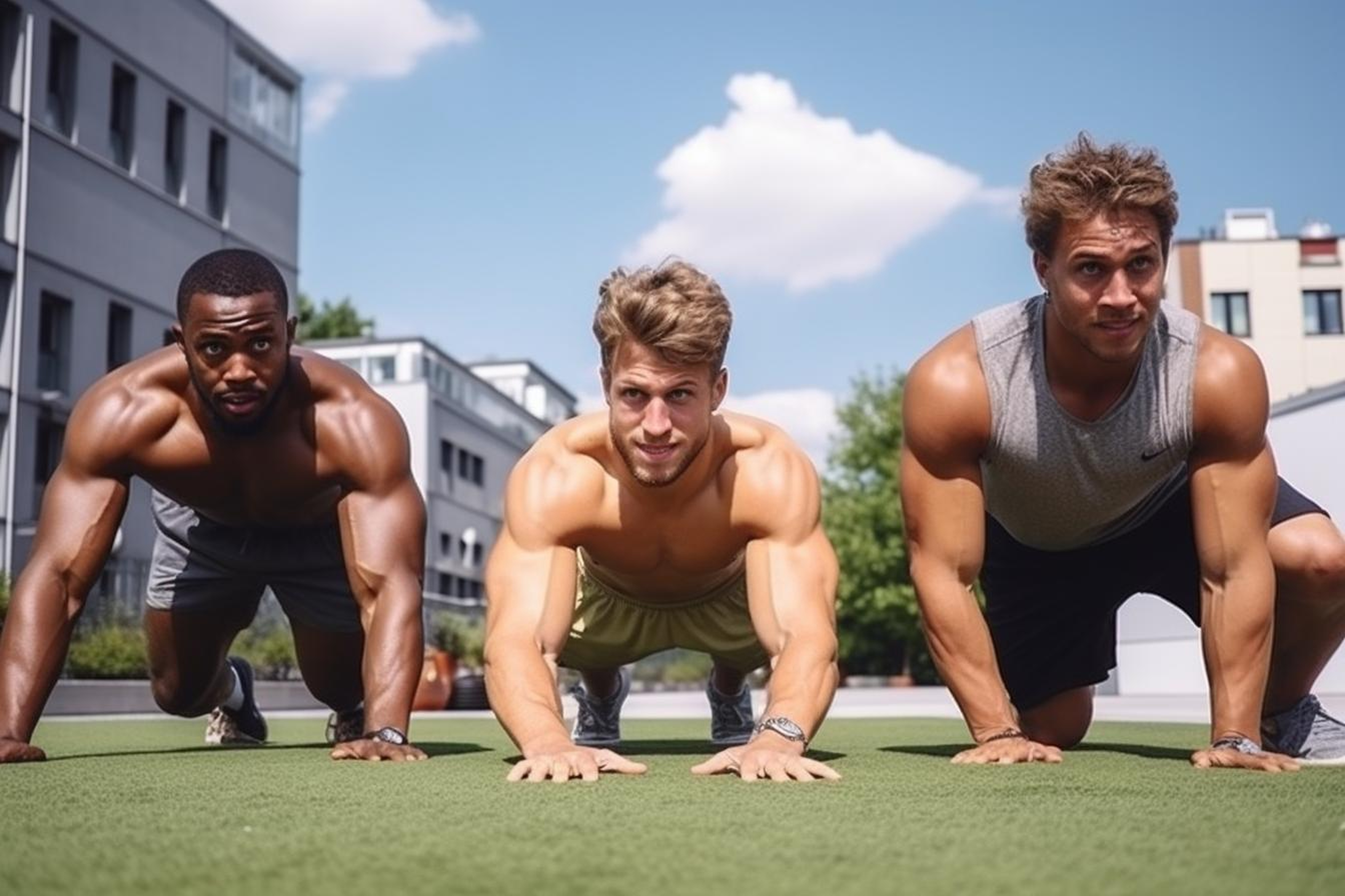 Drie gespierde jonge mannen doen push-ups buiten op een sportveld