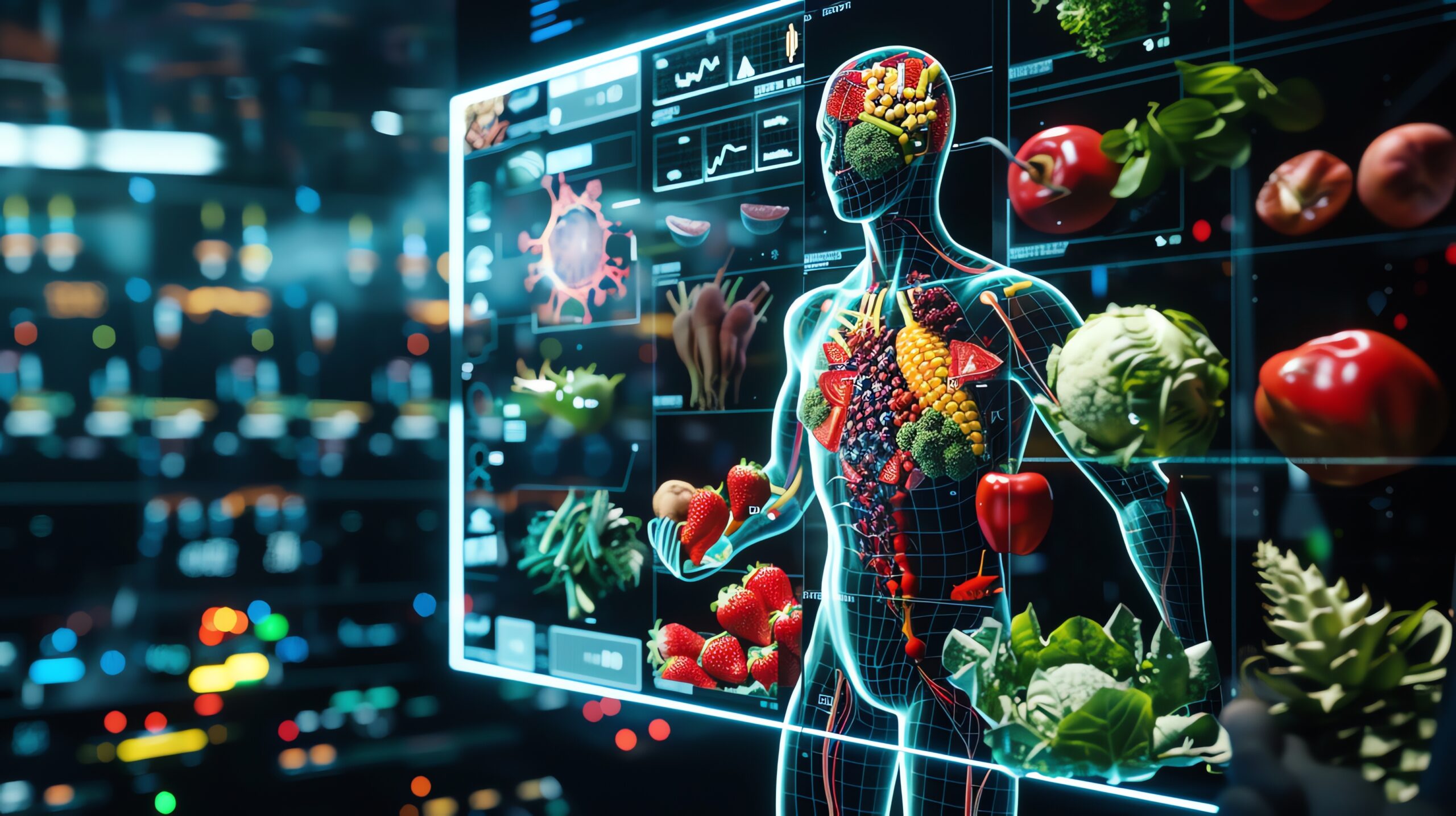 Futuristisch AI-systeem dat een menselijk lichaam visualiseert opgebouwd uit groenten en fruit met voedingsdata eromheen