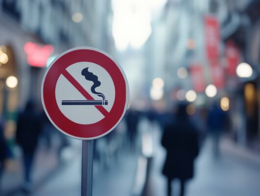 Verbodsbord voor roken in een drukke stadsstraat met mensen op de achtergrond