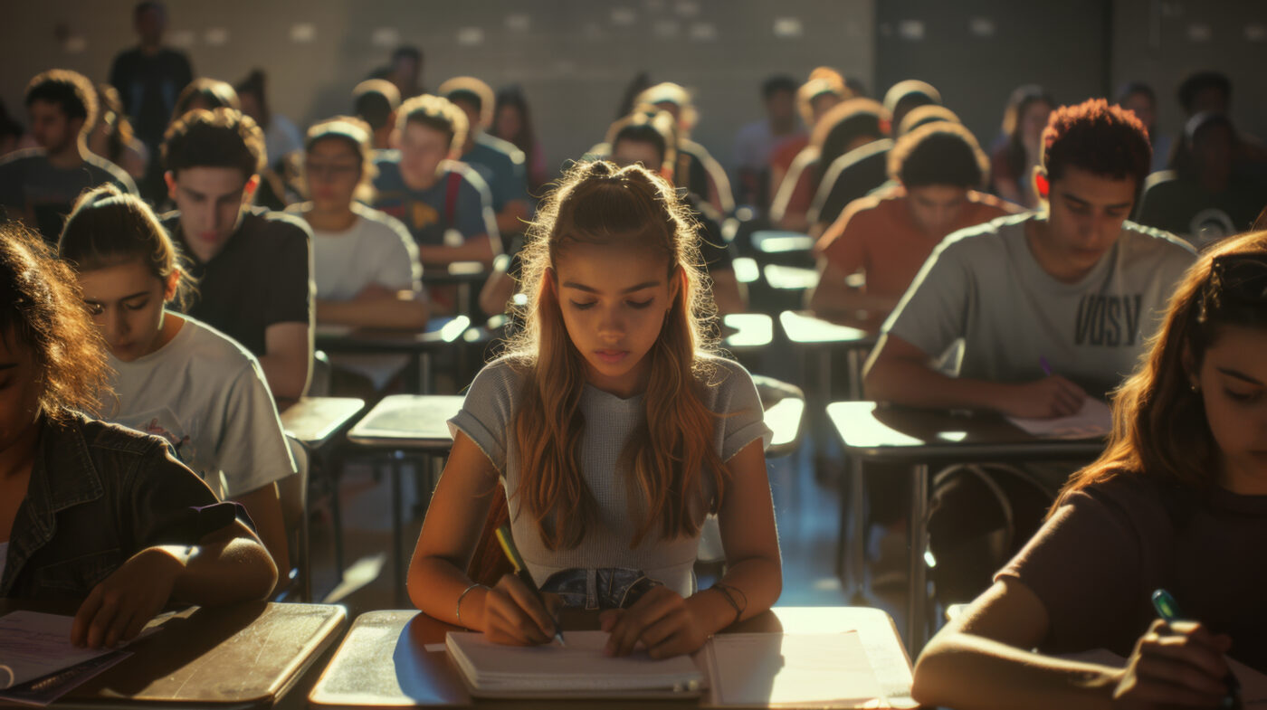 Jongeren maken een examen in een volle examenzaal terwijl de spanning zichtbaar aanwezig is tijdens de toets.