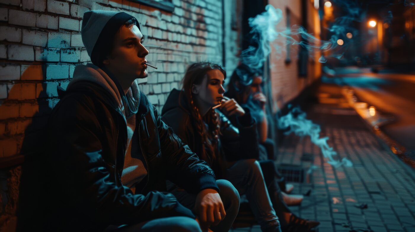 Jongeren zitten ’s nachts in een steeg tegen een muur terwijl er gerookt wordt, passend bij een artikel over drugsgebruik en normalisering onder jongeren.