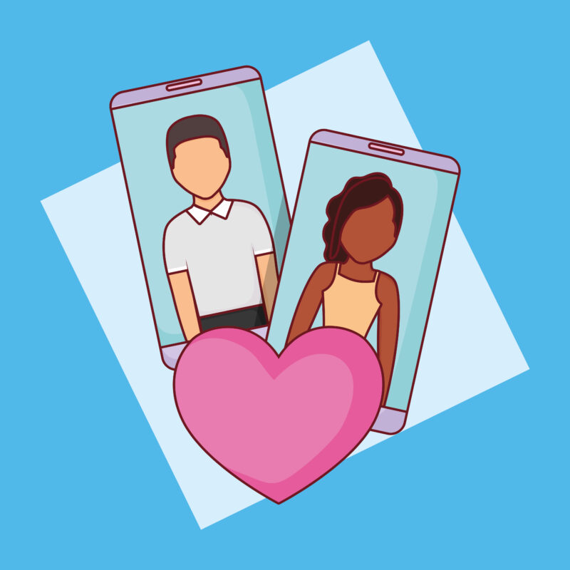 Illustratie van twee jongeren op smartphones die online aan elkaar worden gekoppeld, met een groot hart ervoor als symbool voor ship accounts en shipping op sociale media.