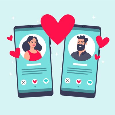 Illustratie van twee smartphones met datingprofielen die een match vormen, omringd door hartjes. De afbeelding symboliseert online daten via datingapps zoals Hoop.
