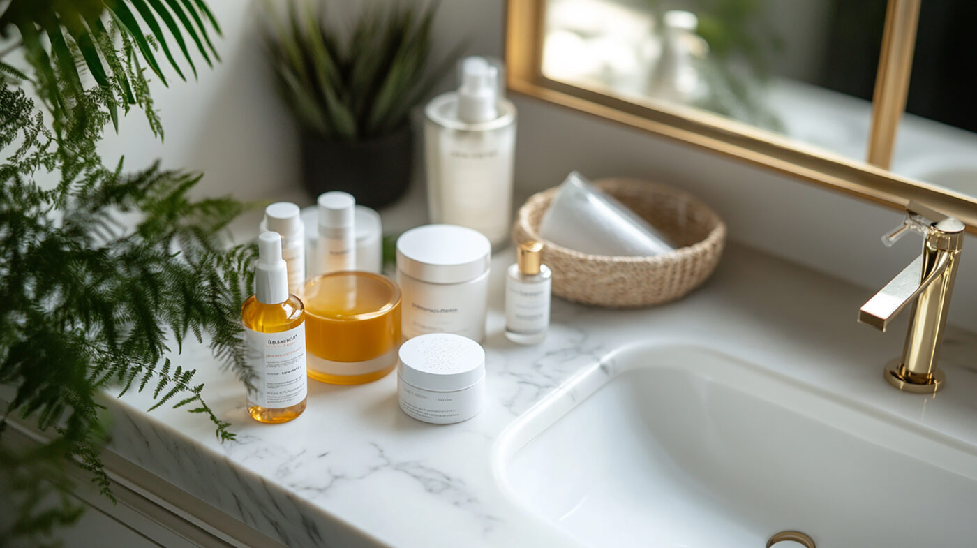 Verschillende skincareproducten zoals serums, crèmes en lotions staan opgesteld naast een wastafel in een badkamer.