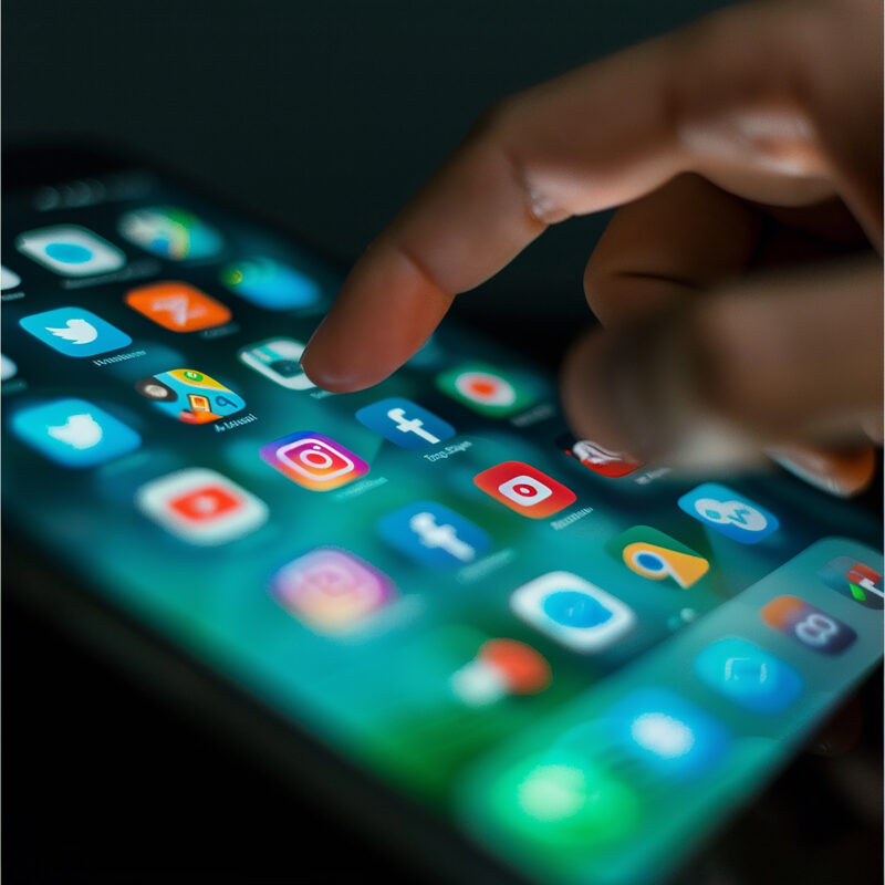 Hand die op een smartphone sociale media-apps zoals Instagram, Facebook en X bedient. De afbeelding symboliseert het dagelijks gebruik van sociale media door jongeren.