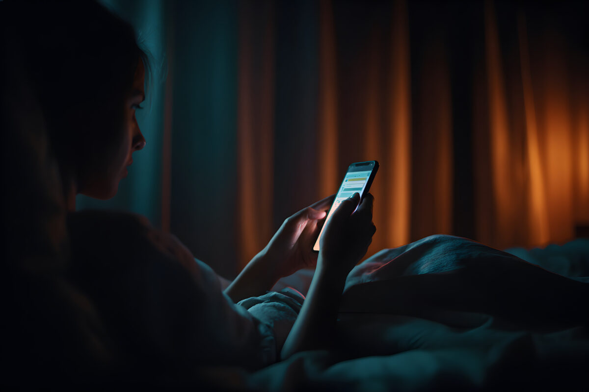 Jongere ligt 's avonds in bed en kijkt op een smartphone, terwijl het scherm het gezicht verlicht in een donkere slaapkamer.