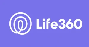 Logo van Life360 op een paarse achtergrond, de app waarmee gebruikers live hun locatie kunnen delen met familie en vrienden.