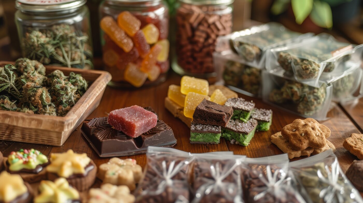Overzicht van verschillende cannabisproducten, waaronder gummies, chocolaatjes, koekjes en gedroogde cannabis, uitgestald op een houten tafel als voorbeeld van zogenoemd drugssnoep en cannabis-edibles.