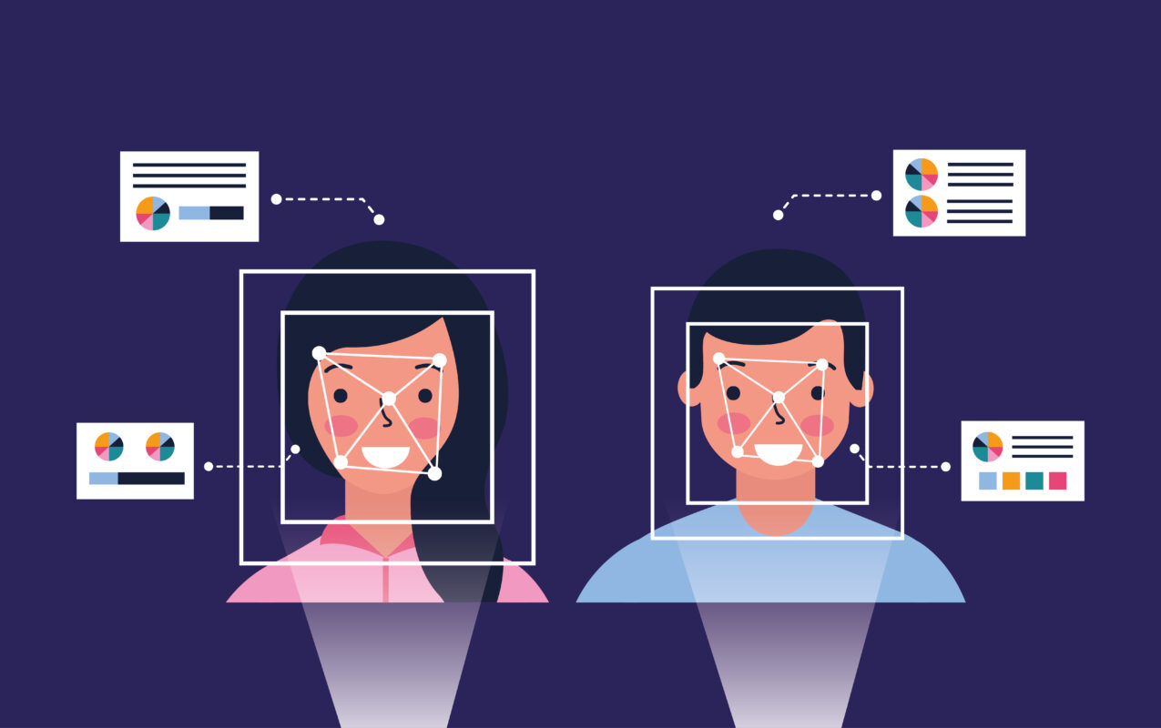 Illustratie van AI-gezichtsanalyse waarbij twee gezichten digitaal worden gescand en beoordeeld, passend bij het platform Omoggle.