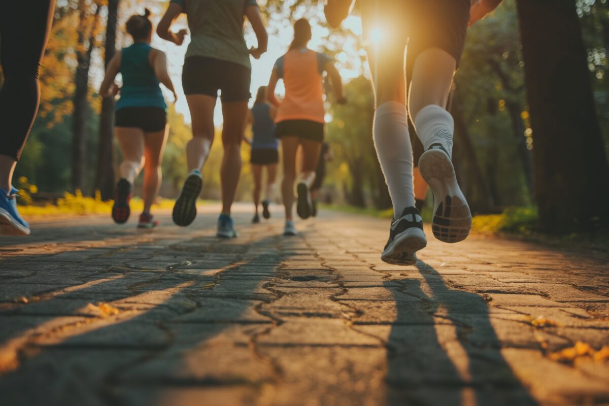 Groep jonge hardlopers rent samen door een park tijdens zonsondergang, passend bij de trend van run clubs als alternatief voor datingapps.